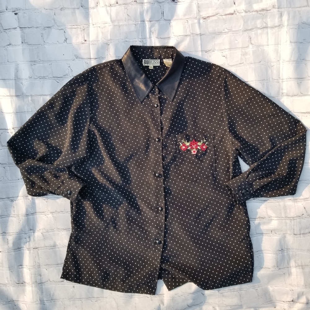 RUSS M black vtg collared buttonup floral applique